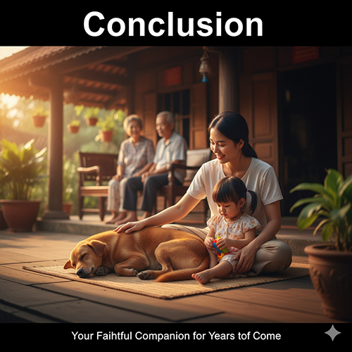 Người mẹ và bé gái ngồi trước hiên nhà vuốt ve chú chó cỏ đang nằm ngoan, phía sau là ông bà – hình ảnh ấm áp về tình bạn trung thành của chó cỏ Việt Nam.