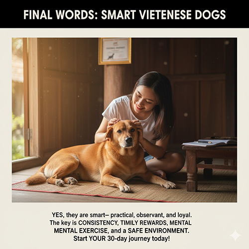 Cô gái Việt âu yếm chú chó cỏ nằm thư giãn trong ngôi nhà gỗ, ánh sáng chiều dịu – biểu tượng cho tình gắn bó và trí tuệ của chó Việt Nam.