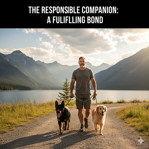 Người đàn ông dắt chó Rottweiler lai Becgie và một chú Golden đi bộ giữa cảnh núi hồ yên bình.