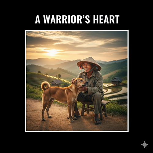 Ảnh người nông dân ngồi cùng chó săn bản địa trên đường núi lúc hoàng hôn, thể hiện sự gắn bó và trung thành