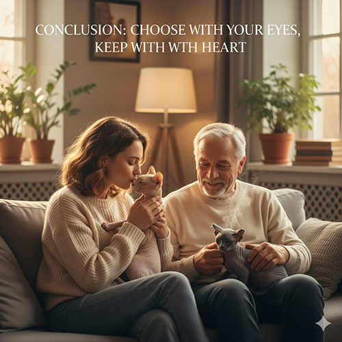 Gia đình ôm mèo không lông trong phòng ấm áp, minh họa thông điệp chọn bằng mắt và giữ bằng trái tim.