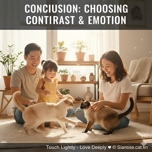 Gia đình trẻ vui đùa cùng hai chú mèo Xiêm trong phòng khách sáng ấm, ánh nắng buổi sáng tràn qua cửa sổ