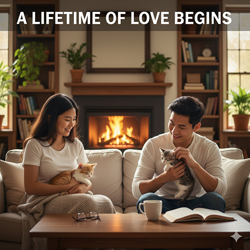 Cặp đôi ôm mèo Munchkin con trên sofa trước lò sưởi, không gian ấm áp – lời kết & CTA mời xem bảng giá và video thật.