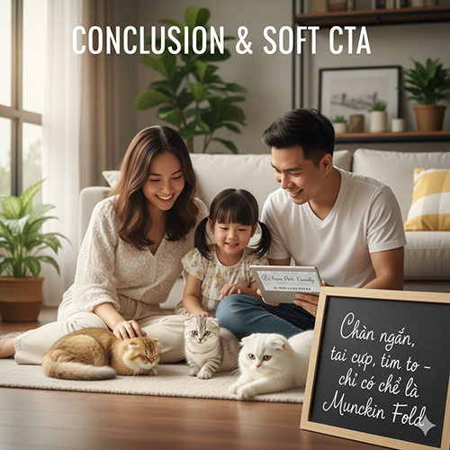 Gia đình hạnh phúc chơi với mèo Munchkin Fold tai cụp chân ngắn trong phòng khách, bảng đen ghi thông điệp “Chân ngắn, tai cụp, tim to”