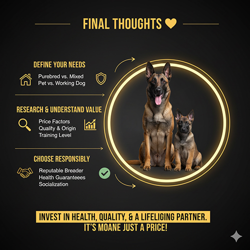 Ảnh lời kết về cách đánh giá giá chó Béc Bỉ Malinois dựa trên sức khỏe, chất lượng, nguồn gốc và trách nhiệm người bán