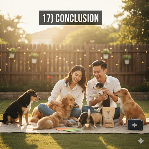 Cặp đôi trẻ ngồi trong sân vườn vui đùa cùng đàn chó cỏ con và chó trưởng thành, biểu tượng cho hành trình nuôi thú cưng hạnh phúc và an toàn.