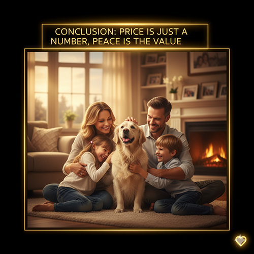 Gia đình quây quần ôm chú chó Golden Retriever trong phòng khách ấm áp, minh họa thông điệp giá chỉ là con số, bình yên mới là giá trị.