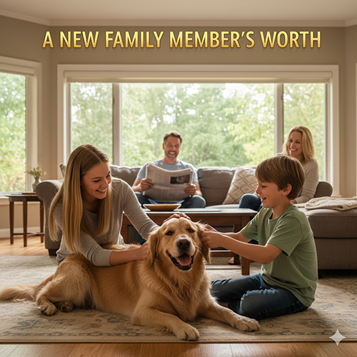 Gia đình quây quần trong phòng khách vuốt ve một chú chó Golden trưởng thành, thể hiện giá trị của Golden như một thành viên mới trong nhà