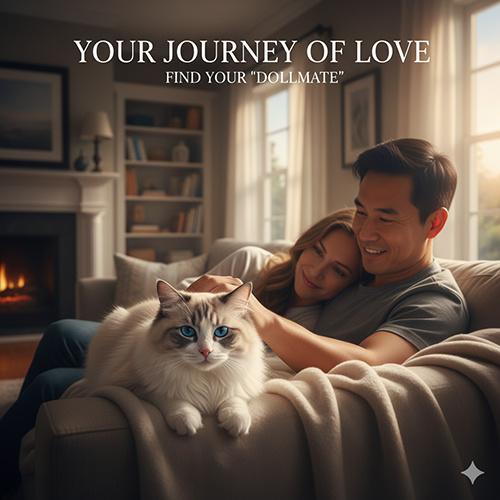 Cặp đôi ngồi trên sofa bên cạnh mèo Ragdoll trong phòng khách ấm cúng, minh họa lời kết về hành trình tìm “búp bê” phù hợp