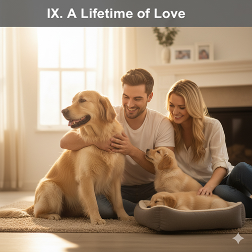 Cặp đôi hạnh phúc ngồi bên chó trưởng thành và chó con Golden Retriever trong phòng khách ấm áp – biểu tượng cho tình yêu và gắn bó trọn đời.