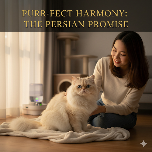 Mèo Ba Tư nằm cạnh chủ trong phòng ấm áp, minh họa thông điệp kết về sự bình yên khi nuôi Persian thuần.