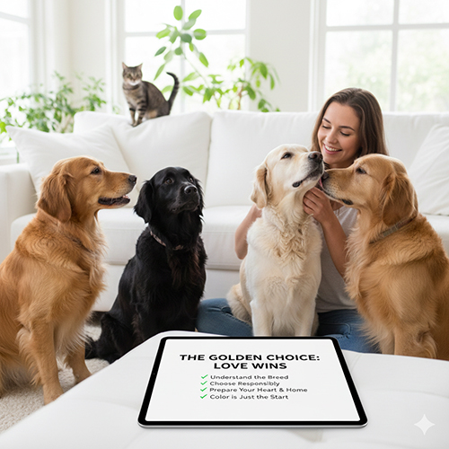 Ảnh cô gái ngồi trên sofa bên ba chú Golden Retriever vàng – kem – sẫm và một chú mèo, phía trước là bảng thông điệp “The Golden Choice: Love Wins”.