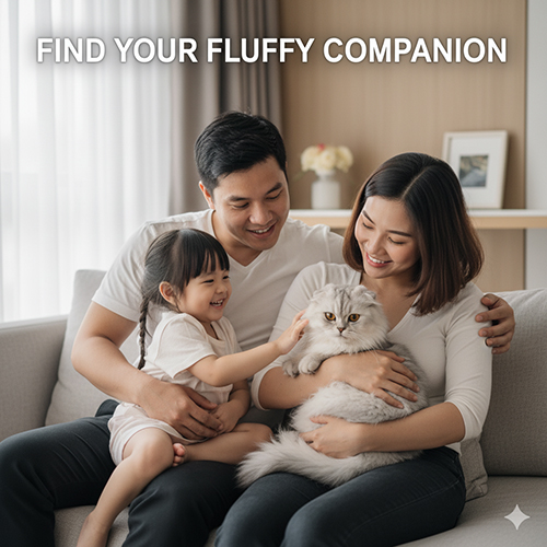 Gia đình ba người ôm và vuốt ve mèo Scottish Fold lai Anh lông dài màu silver trên sofa, thể hiện tình cảm ấm áp và gắn bó.