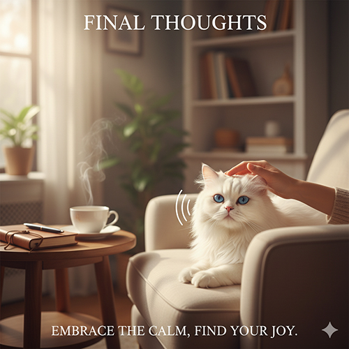 Mèo Ba Tư trắng được vuốt ve trong căn phòng ấm áp, bên tách trà – minh họa thông điệp sống chậm và bình yên