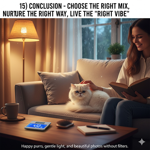 Người phụ nữ vuốt ve mèo Ba Tư lai trên sofa trong không gian ấm áp buổi tối