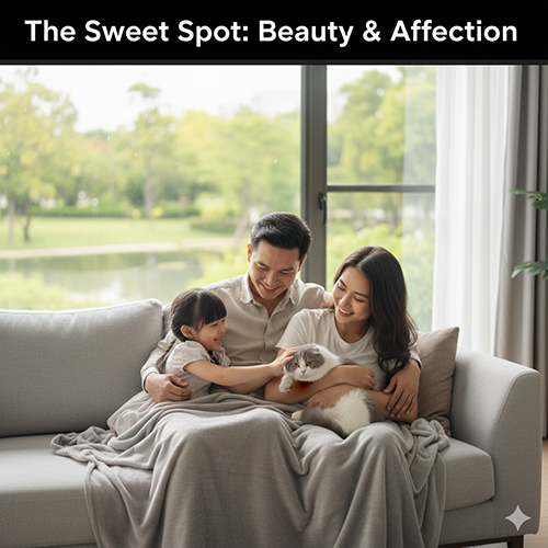 gia dinh om meo scottish fold bicolor tren sofa gan cua so, khong khi am ap