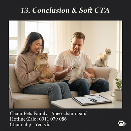 Cặp đôi ngồi trên sofa ôm mèo Munchkin vàng và silver, không gian sáng ấm áp, bàn có laptop hiển thị logo Chạm Pets Family.