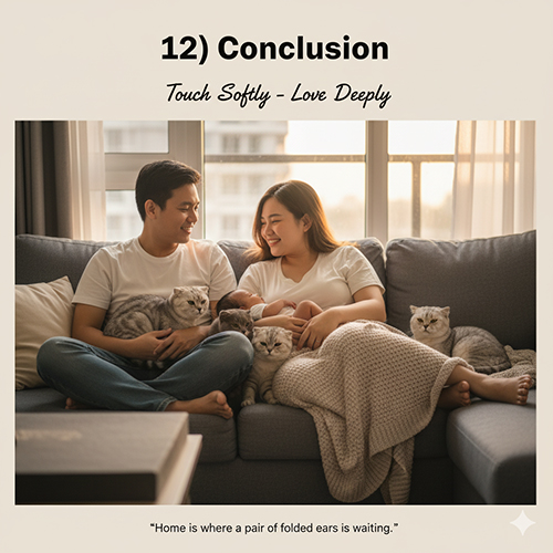 Cặp đôi ngồi trên sofa cùng ba chú mèo Scottish Fold, ánh nắng chiều chiếu vào tạo cảm giác ấm áp và bình yên