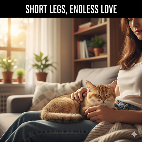 Mèo Munchkin màu vàng nằm cuộn tròn ngủ yên trong lòng cô gái trên ghế sofa, ánh nắng chiều chiếu vào tạo khung cảnh ấm áp và yên bình.