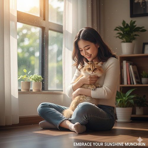 Cô gái ôm mèo Munchkin Golden trong căn phòng tràn nắng, khung cảnh ấm áp và hạnh phúc, thể hiện tình yêu giữa người và mèo.