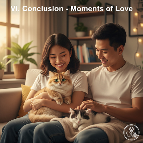 Đôi bạn trẻ ôm hai mèo Munchkin (một golden, một bicolor) trong phòng khách ánh hoàng hôn, không khí ấm áp và hạnh phúc.