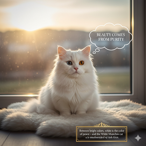 Mèo Munchkin trắng lông dài mắt hai màu ngồi bên cửa sổ trong ánh hoàng hôn, biểu trưng cho vẻ đẹp thuần khiết và bình yên.