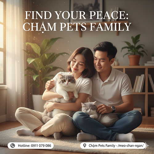 Cặp đôi ôm hai bé mèo Munchkin xám trắng trong ánh nắng chiều – biểu tượng cho sự bình yên và tình yêu thương từ Chạm Pets Family.