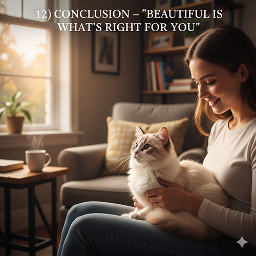 Ảnh cô gái mỉm cười ôm mèo Ragdoll lai trong phòng khách ấm áp, tạo cảm giác nhẹ nhàng và gắn kết