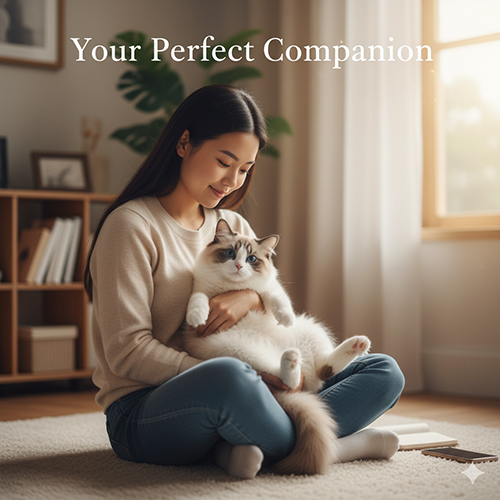 Cô gái ôm mèo Ragdoll bicolor trong căn phòng ấm áp, gợi cảm giác bình yên và gắn kết