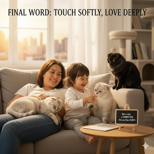 Gia đình hạnh phúc chơi đùa cùng ba mèo tai cụp Scottish Fold trong phòng khách ấm áp, minh họa thông điệp “Chạm nhẹ, yêu sâu”.