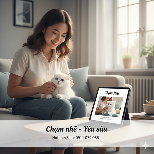 Cô gái mỉm cười vuốt ve mèo tai cụp trắng (Scottish Fold) trong phòng sáng, cạnh máy tính bảng hiển thị trang Chạm Pets.