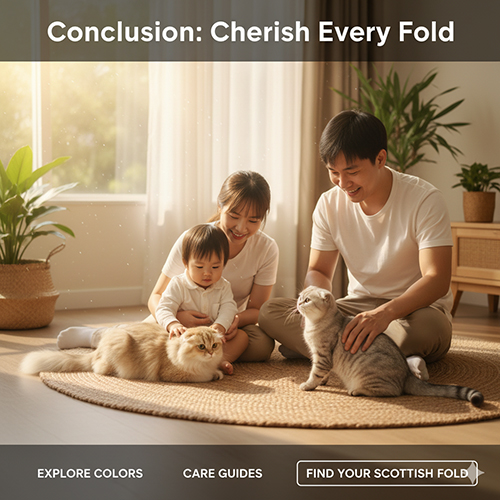 Gia đình nhỏ vui đùa cùng hai mèo tai cụp Scottish Fold trong phòng khách sáng ấm, biểu tượng cho tình yêu và sự gắn kết giữa người và thú cưng.