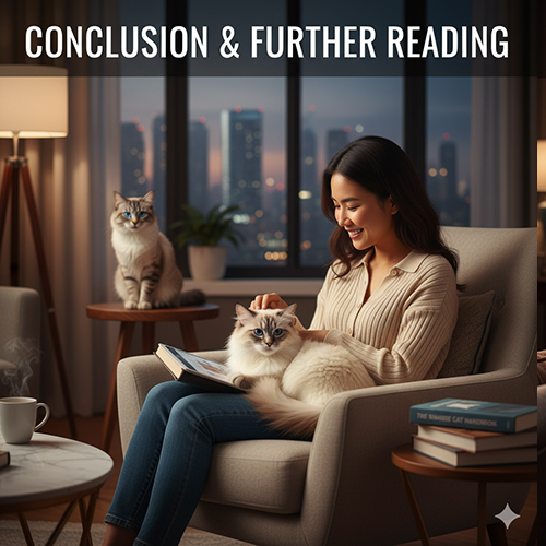 Người phụ nữ đọc sách trên ghế sofa cùng mèo Xiêm lai lông dài trong lòng, bên cạnh là một mèo khác ngồi trên bàn, khung cảnh thành phố về đêm.