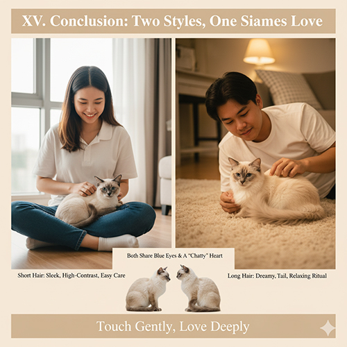 Cặp đôi trẻ vuốt ve mèo Xiêm lông ngắn và lông dài trong hai khung cảnh ấm áp, thể hiện tình yêu dịu dàng và sự khác biệt giữa hai phong cách