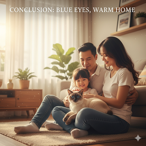 Gia đình hạnh phúc bên mèo Xiêm thuần chủng với đôi mắt xanh – biểu tượng của sự gắn bó và ấm áp trong ngôi nhà