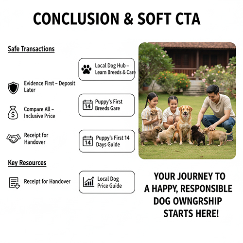 Gia đình Việt cùng đàn chó cỏ con trong sân vườn, minh họa lời kết bài viết về mua bán chó cỏ an toàn và trách nhiệm.