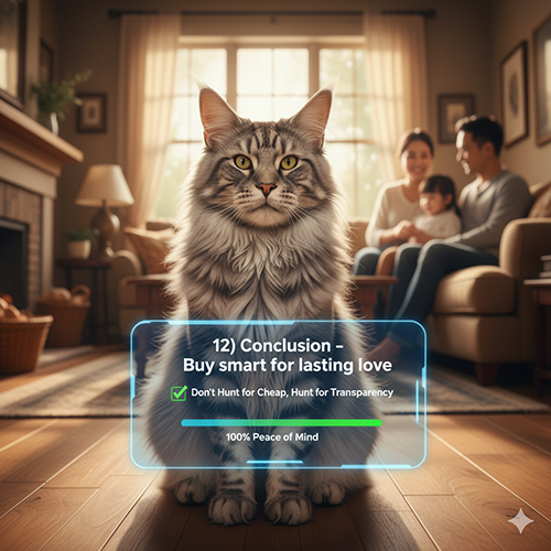 Ảnh minh họa lời kết khi mua mèo Maine Coon, nhấn mạnh tiêu chí minh bạch thay vì giá rẻ.
