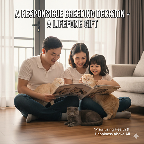 Gia đình hạnh phúc ngồi đọc sách cùng hai chú mèo Scottish Fold, biểu trưng cho tinh thần nhân giống có trách nhiệm và tôn trọng phúc lợi mèo