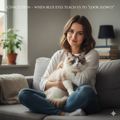 Cô gái ôm mèo Ragdoll mắt xanh trên sofa trong ánh sáng dịu, tạo cảm giác bình yên