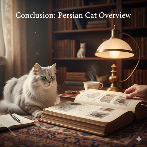 Mèo Ba Tư ngồi bên bàn đọc sách cổ điển với ánh đèn vàng, gợi kết luận về giống Persian