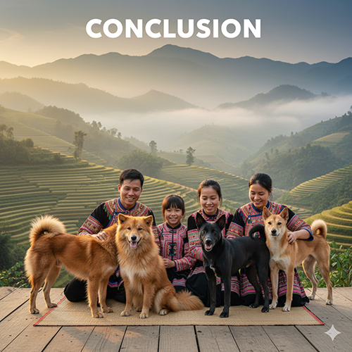 Gia đình người Việt trong trang phục dân tộc ngồi cùng bốn giống chó Phú Quốc, Bắc Hà, H’Mông Cộc và Lài Sông Mã giữa ruộng bậc thang Tây Bắc – biểu tượng kết nối giữa người và quốc khuyển 🇻🇳🐕