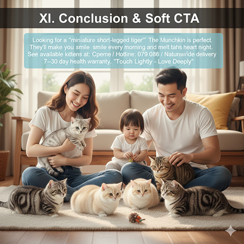 Gia đình hạnh phúc ngồi cùng nhiều mèo Munchkin Tabby đủ màu trong phòng khách sáng sủa, thể hiện thông điệp yêu thương và kêu gọi nhẹ nhàng