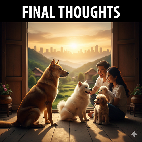 Gia đình trẻ Việt Nam ngồi cùng đàn chó gồm chó cỏ, Samoyed và Poodle trong khung cảnh hoàng hôn nhìn ra thành phố xa xa