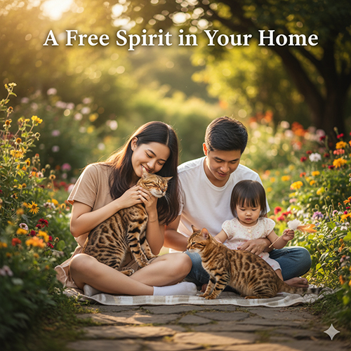 Gia đình hạnh phúc ngồi giữa vườn hoa, chơi đùa và vuốt ve hai mèo Bengal dưới ánh nắng hoàng hôn.