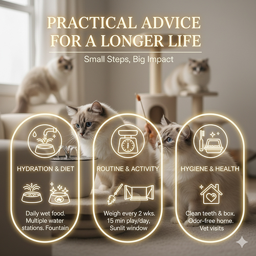 Ba mèo Ragdoll trong phòng sáng, kèm các biểu tượng về nước – vận động – vệ sinh giúp kéo dài tuổi thọ.