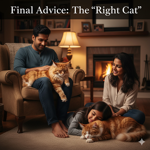 Gia đình quây quần bên hai mèo Maine Coon màu cam trong phòng khách ấm, minh họa lời khuyên “đúng bé quan trọng hơn đúng tranh luận”.