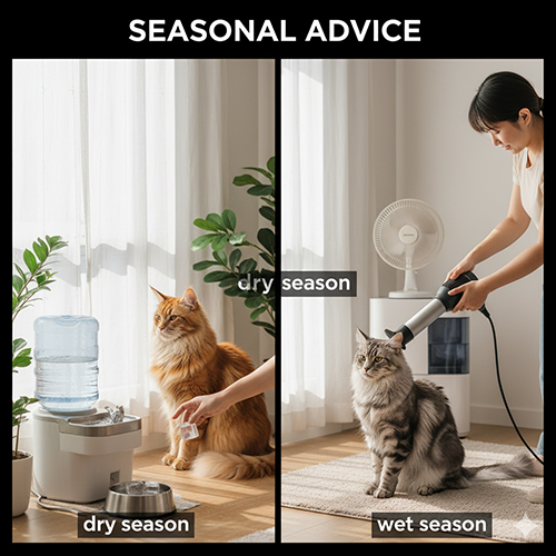 Mèo Mỹ lông dài trong hai bối cảnh mùa nắng và mùa mưa, minh họa lời khuyên chăm theo mùa cho khí hậu Việt Nam