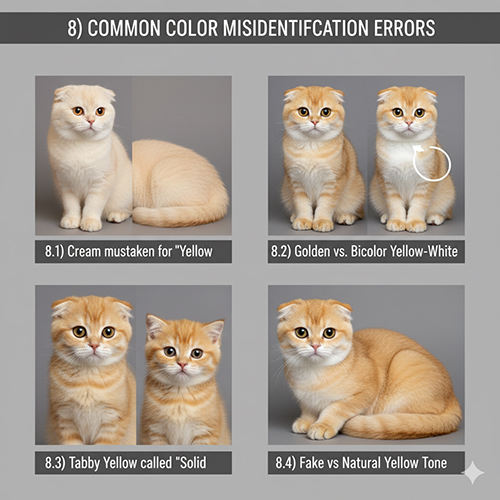 Infographic lỗi nhận diện màu ở mèo tai cụp nhóm vàng: cream bị “đẩy vàng”, nhầm golden với bicolor vàng–trắng, tabby vàng gọi nhầm solid, ảnh fake quá đều màu.
