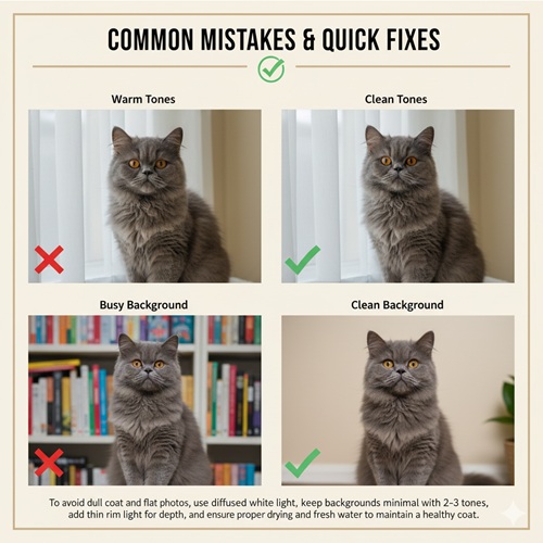 So sánh lỗi chụp mèo Ba Tư xám với tông ấm và nền rối so với ảnh đúng tông sáng sạch và nền tối giản