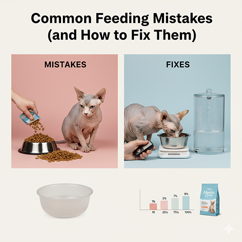 Mèo Sphynx minh họa lỗi cho ăn như đổ hạt quá tay và cách sửa bằng cân định lượng, tăng nước và khẩu phần hợp lý.